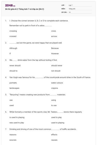 Đề thi giữa kì 2 Tiếng Anh 7 có đáp án (Đề 2)