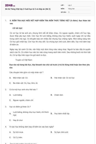 Đề thi Tiếng Việt lớp 2 Cuối học kì 2 có đáp án (Đề 3)