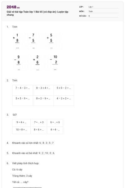 Giải vở bài tập Toán lớp 1 Bài 65 (có đáp án): Luyện tập chung