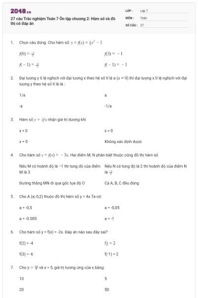 27 câu Trắc nghiệm Toán 7 Ôn tập chương 2: Hàm số và đồ thị có đáp án