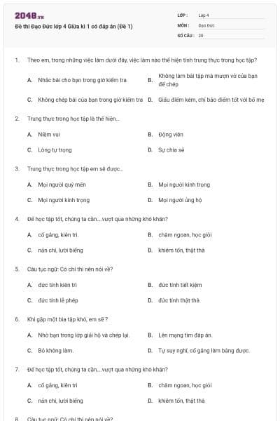 Đề thi Đạo Đức lớp 4 Giữa kì 1 có đáp án (Đề 1)