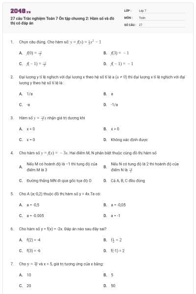 27 câu Trắc nghiệm Toán 7 Ôn tập chương 2: Hàm số và đồ thị có đáp án