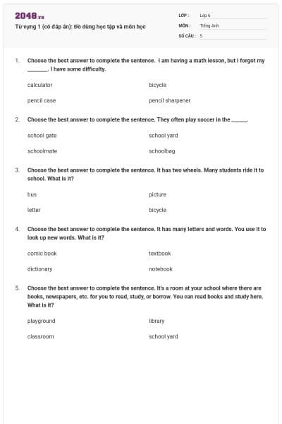 Từ vựng 1 (có đáp án): Đồ dùng học tập và môn học