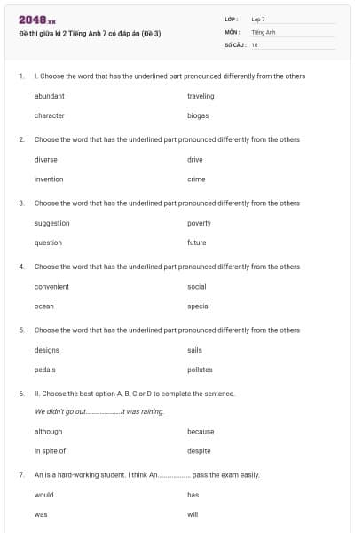 Đề thi giữa kì 2 Tiếng Anh 7 có đáp án (Đề 3)
