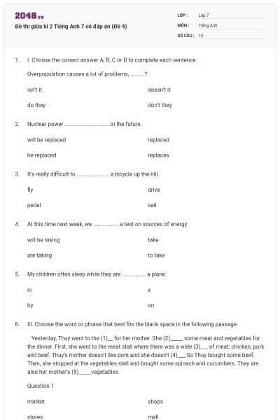 Đề thi giữa kì 2 Tiếng Anh 7 có đáp án (Đề 4)