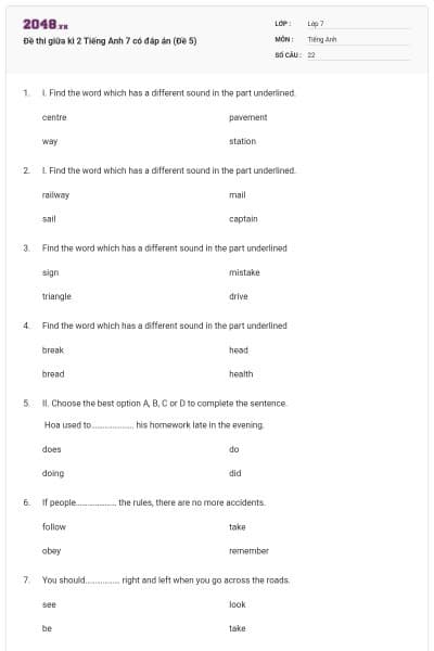 Đề thi giữa kì 2 Tiếng Anh 7 có đáp án (Đề 5)