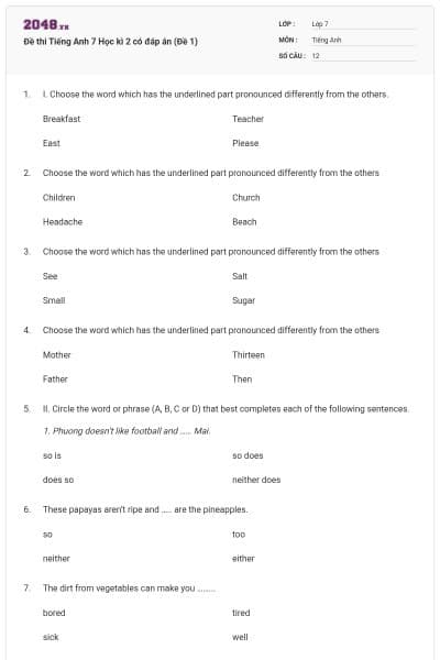 Đề thi Tiếng Anh 7 Học kì 2 có đáp án (Đề 1)