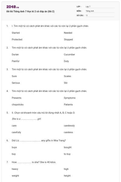 Đề thi Tiếng Anh 7 Học kì 2 có đáp án (Đề 2)