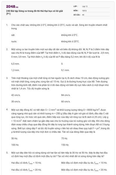 240 Bài tập Sóng cơ trong đề thi thử Đại học có lời giải (P1)