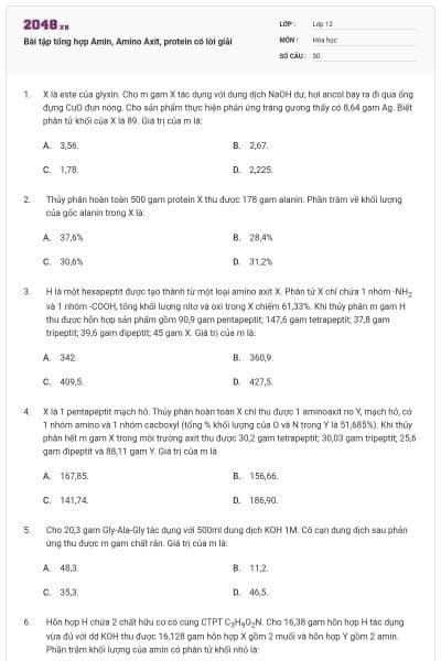 Bài tập tổng hợp Amin, Amino Axit, protein có lời giải