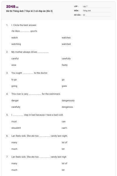 Đề thi Tiếng Anh 7 Học kì 2 có đáp án (Đề 3)