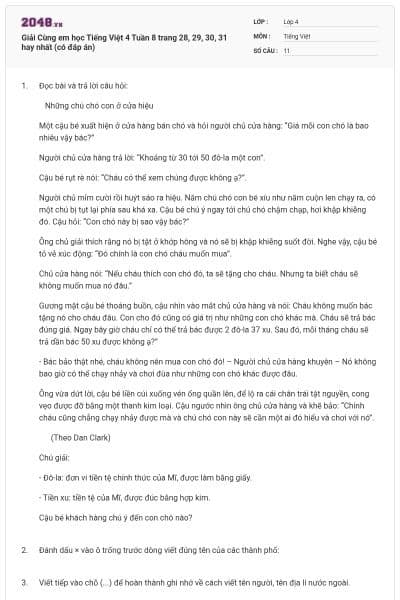 Giải Cùng em học Tiếng Việt 4 Tuần 8 trang 28, 29, 30, 31 hay nhất (có đáp án)