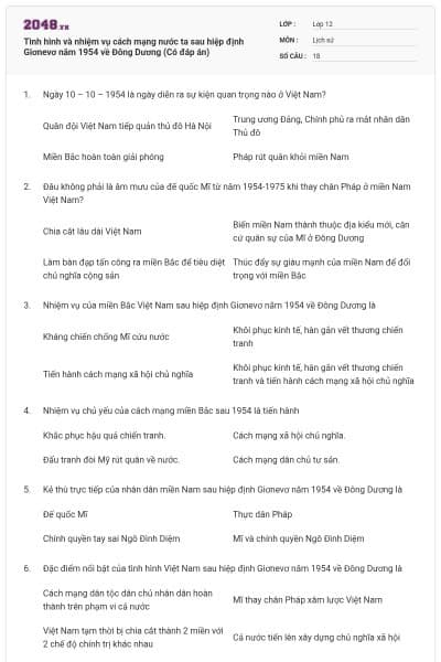 Tình hình và nhiệm vụ cách mạng nước ta sau hiệp định Giơnevơ năm 1954 về Đông Dương (Có đáp án)