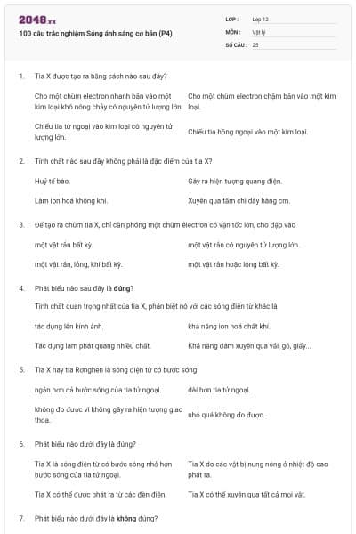 100 câu trắc nghiệm Sóng ánh sáng cơ bản (P4)