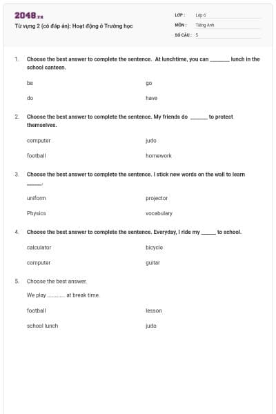 Từ vựng 2 (có đáp án): Hoạt động ở Trường học