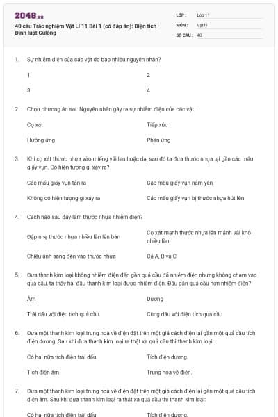 40 câu Trắc nghiệm Vật Lí 11 Bài 1 (có đáp án): Điện tích – Định luật Culông