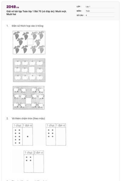 Giải vở bài tập Toán lớp 1 Bài 70 (có đáp án): Mười một. Mười hai