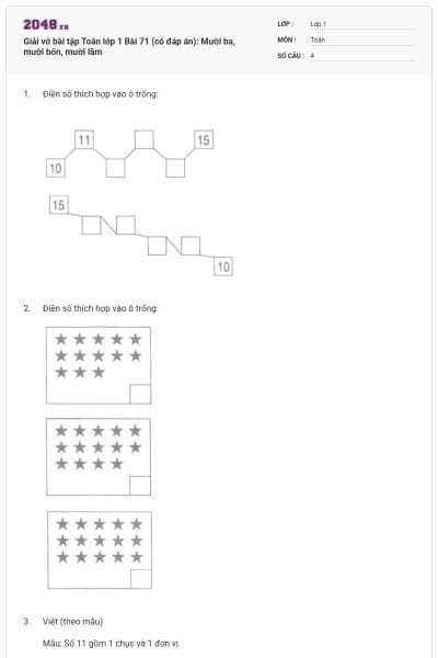 Giải vở bài tập Toán lớp 1 Bài 71 (có đáp án): Mười ba, mười bốn, mười lăm