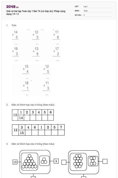 Giải vở bài tập Toán lớp 1 Bài 74 (có đáp án): Phép cộng dạng 14 + 3