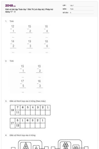Giải vở bài tập Toán lớp 1 Bài 76 (có đáp án): Phép trừ dạng 17 - 3