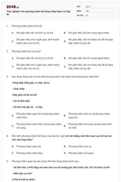 Trắc nghiệm Các phương châm hội thoại (tiếp theo) có đáp án