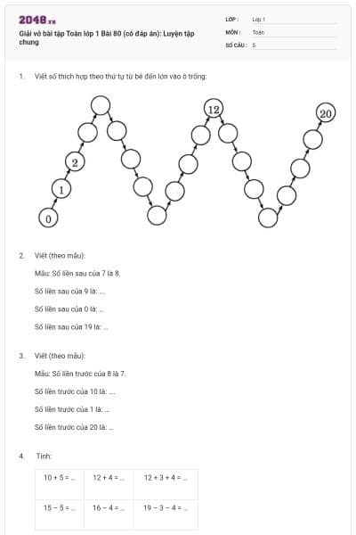 Giải vở bài tập Toán lớp 1 Bài 80 (có đáp án): Luyện tập chung