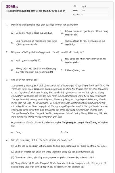 Trắc nghiệm: Luyện tập tóm tắt tác phẩm tự sự có đáp án
