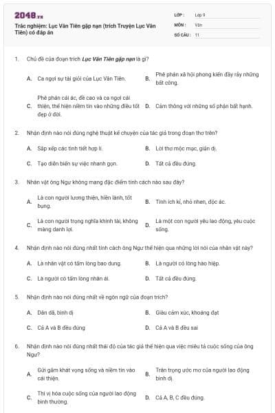 Trắc nghiệm: Lục Vân Tiên gặp nạn (trích Truyện Lục Vân Tiên) có đáp án