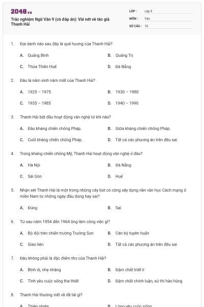 Trắc nghiệm Ngữ Văn 9 (có đáp án): Vài nét về tác giả Thanh Hải