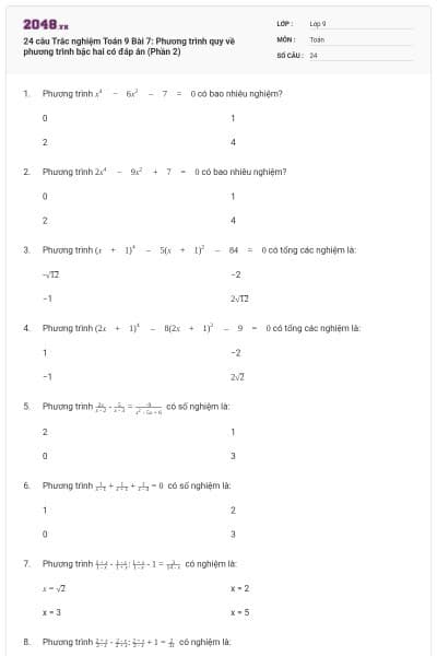 24 câu Trắc nghiệm Toán 9 Bài 7: Phương trình quy về phương trình bậc hai có đáp án (Phần 2)
