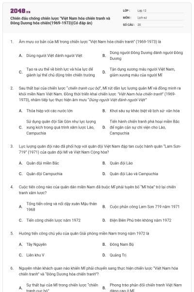 Chiến đấu chống chiến lược "Việt Nam hóa chiến tranh và Đông Dương hóa chiến(1969-1973)(Có đáp án)