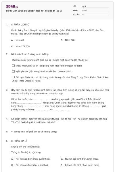 Đề thi Lịch Sử và Địa Lí lớp 4 Học kì 1 có đáp án (Đề 3)