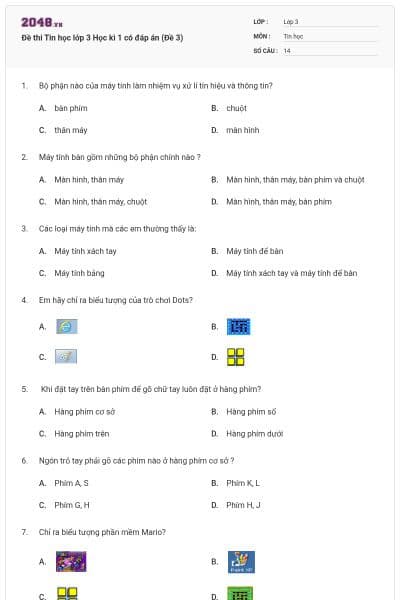 Đề thi Tin học lớp 3 Học kì 1 có đáp án (Đề 3)