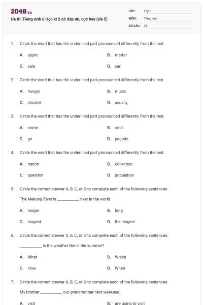 Đề thi Tiếng Anh 6 Học kì 2 có đáp án, cực hay (Đề 5)