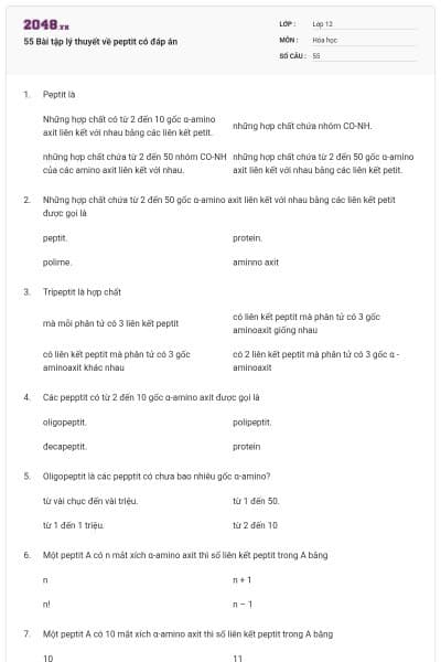 55 Bài tập lý thuyết về peptit có đáp án
