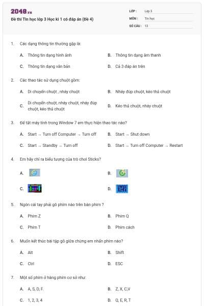 Đề thi Tin học lớp 3 Học kì 1 có đáp án (Đề 4)