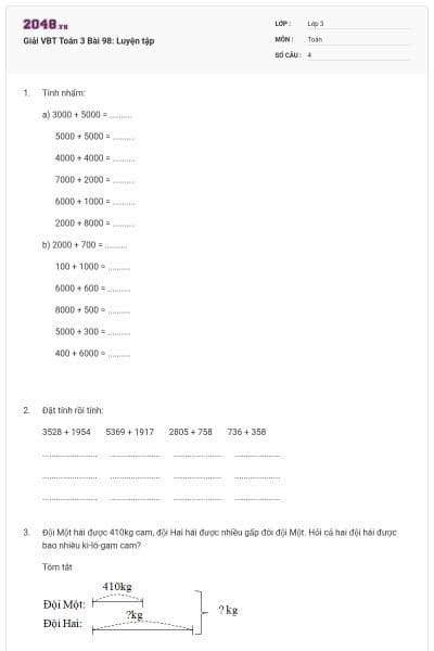 Giải VBT Toán 3 Bài 98: Luyện tập