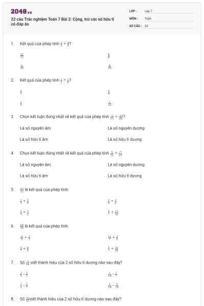 22 câu Trắc nghiệm Toán 7 Bài 2: Cộng, trừ các số hữu tỉ có đáp án