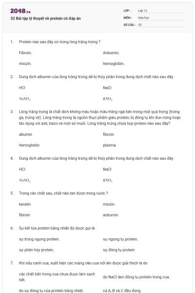 32 Bài tập lý thuyết về protein có đáp án