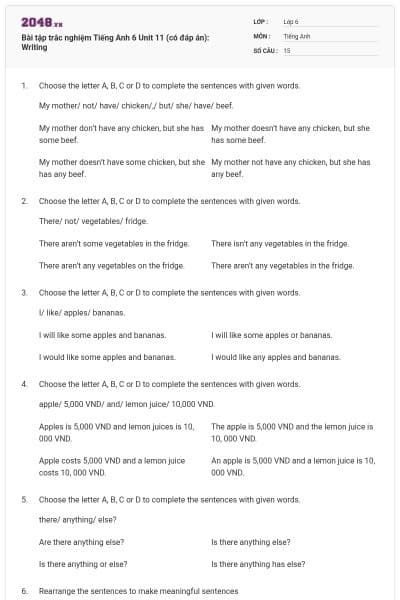 Bài tập trắc nghiệm Tiếng Anh 6 Unit 11 (có đáp án): Writing