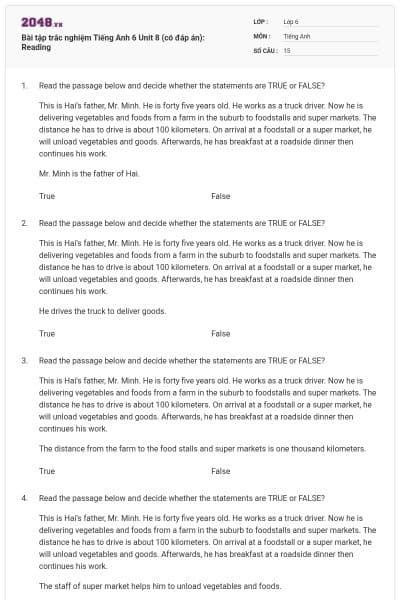 Bài tập trắc nghiệm Tiếng Anh 6 Unit 8 (có đáp án): Reading