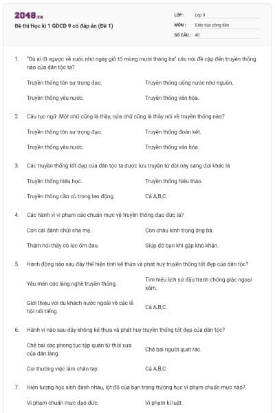Đề thi Học kì 1 GDCD 9 có đáp án (Đề 1)