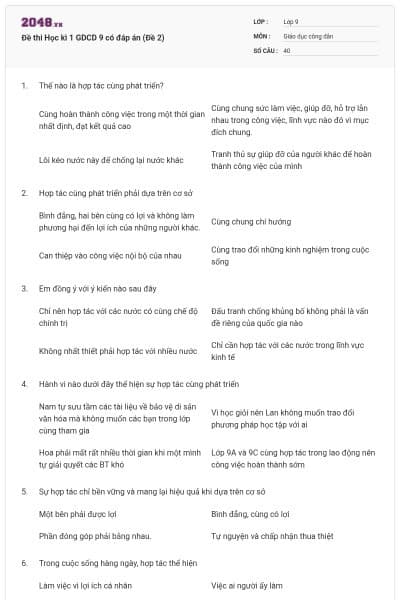Đề thi Học kì 1 GDCD 9 có đáp án (Đề 2)