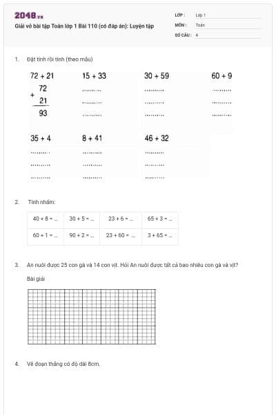 Giải vở bài tập Toán lớp 1 Bài 110 (có đáp án): Luyện tập