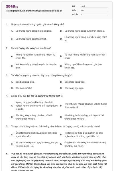 Trắc nghiệm: Kiểm tra thơ và truyện hiện đại có đáp án