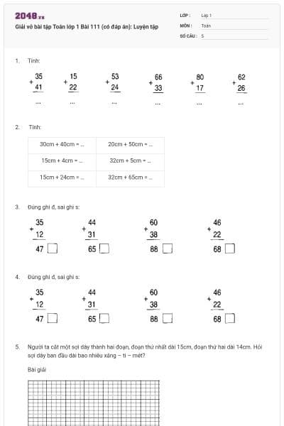 Giải vở bài tập Toán lớp 1 Bài 111 (có đáp án): Luyện tập
