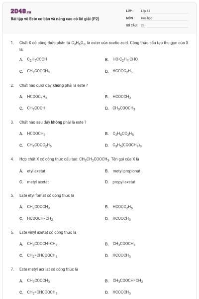 Bài tập về Este cơ bản và nâng cao có lời giải (P2)