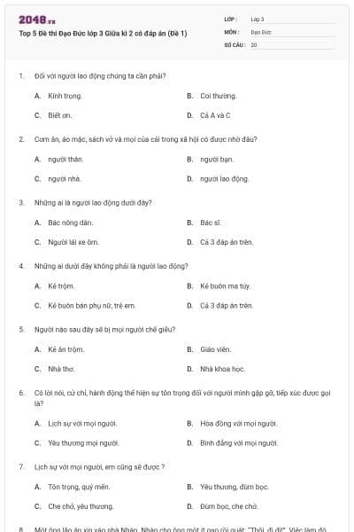 Top 5 Đề thi Đạo Đức lớp 3 Giữa kì 2 có đáp án (Đề 1)