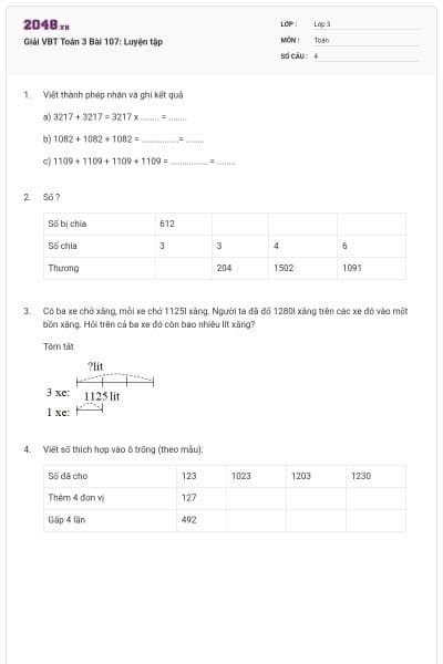 Giải VBT Toán 3 Bài 107: Luyện tập