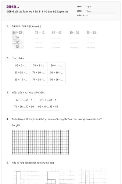 Giải vở bài tập Toán lớp 1 Bài 114 (có đáp án): Luyện tập